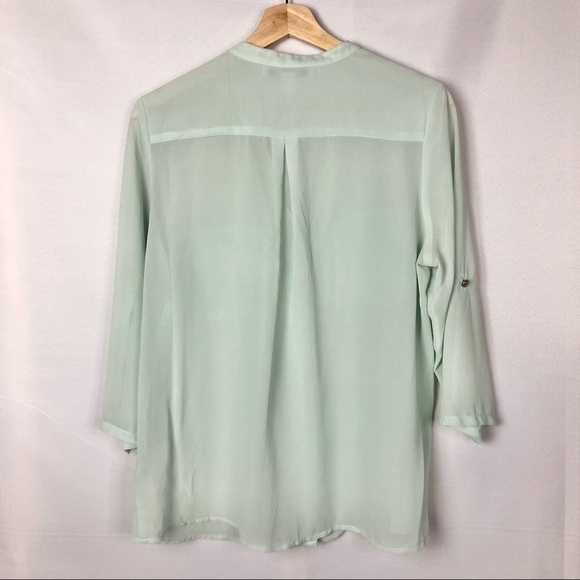 Forever 21 Mint Green Button Down Sheer Professional Long Sleeve Blouse L - Picture 2 of 7